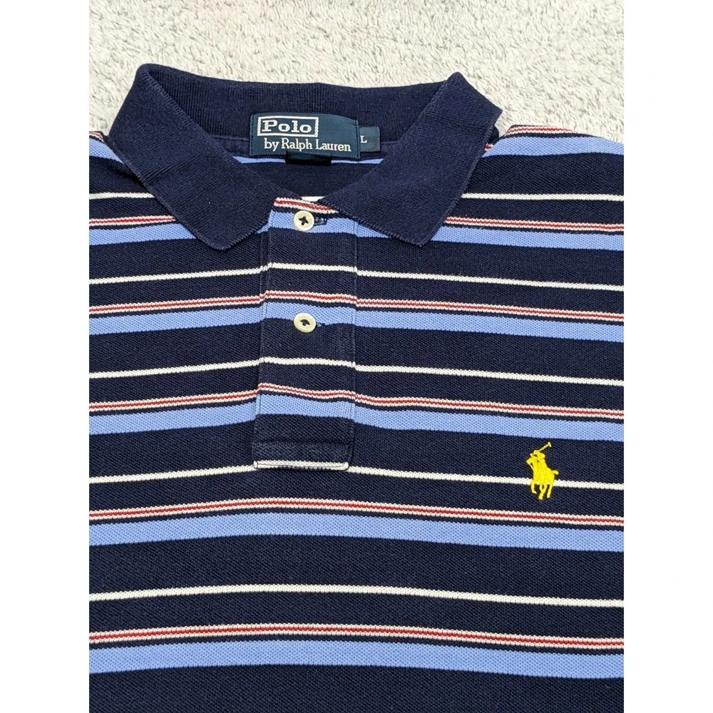 Polo Ralph Lauren Striped Polo Shirt Navy Blue Red Yellow Pony Logo Preppy Large